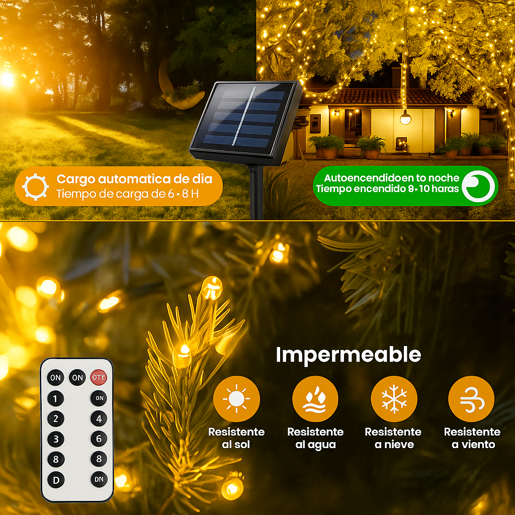 CORTINA DE LUCES DE NAVIDAD CON PANEL SOLAR Y CONTROL REMOTO (10 METROS)